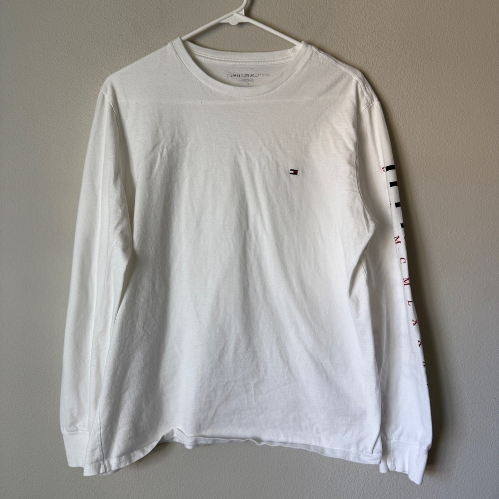 Tommy Hilfiger Mens White Long Sleeve Graphic T-Shirt Logo Sleeve 78J9601 Size M